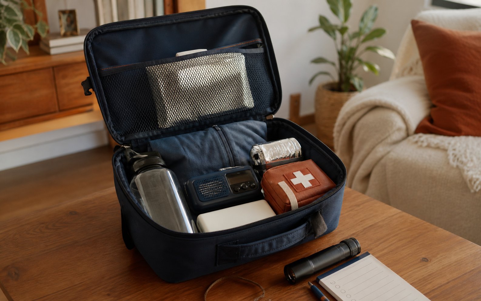 Mochila abierta con elementos esenciales de preparación ante emergencias